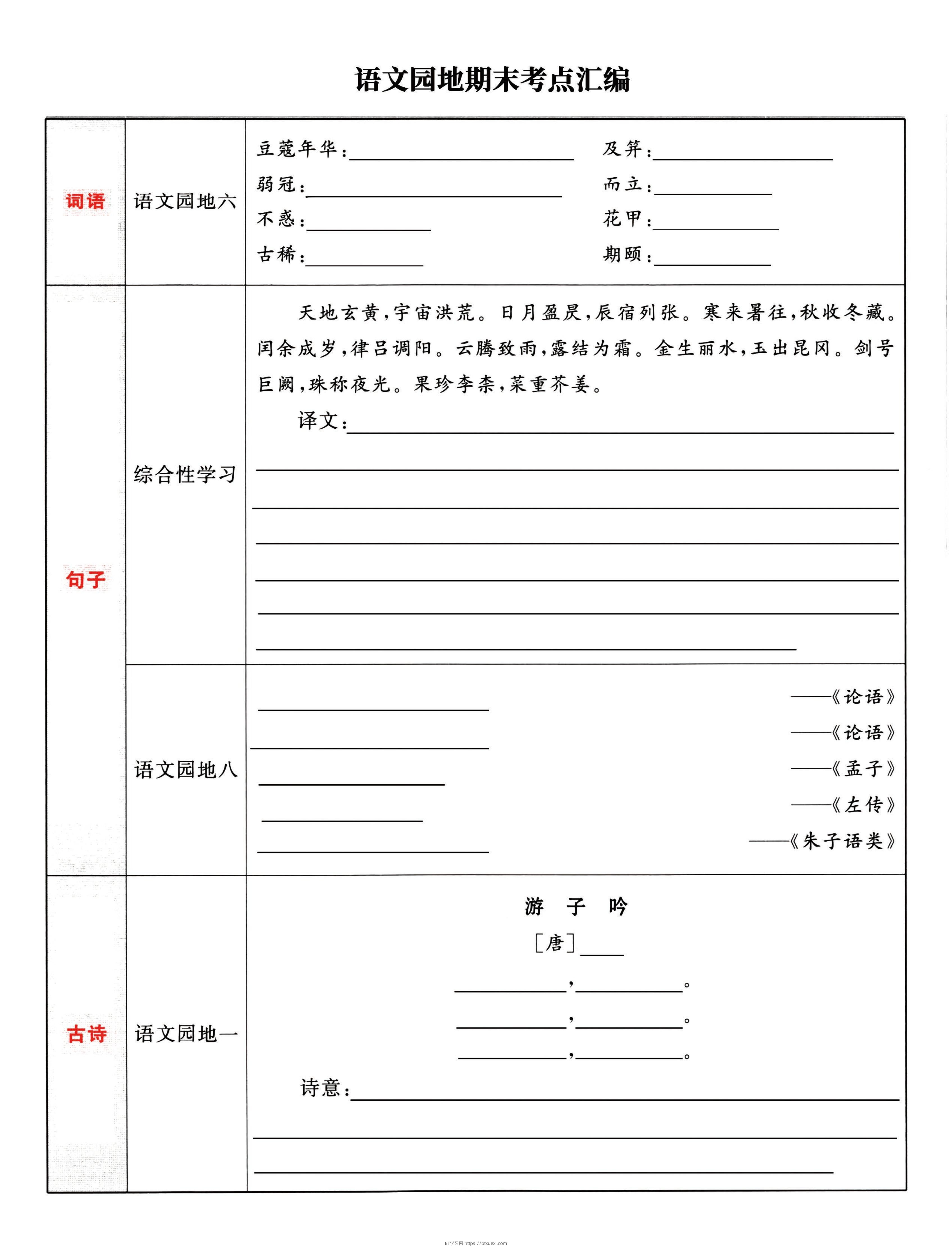 五下语文《语文园地》期末考点汇编，附配套习题和默写集训-BT学习网