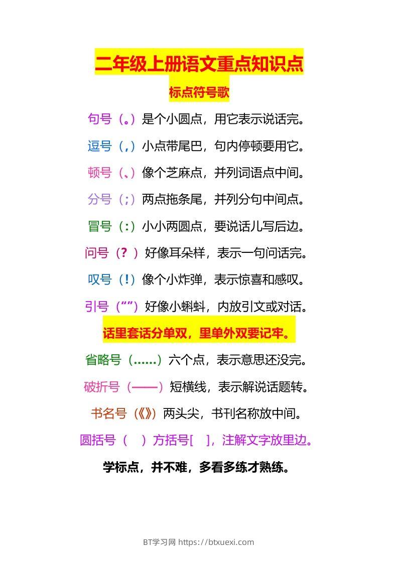 二上语文标点符号歌专项练习题-BT学习网