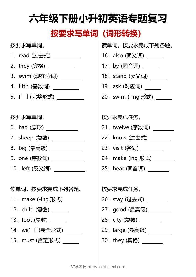 小升初（六年级）英语专题复习：单词拼写（词形转换）（含答案）-BT学习网