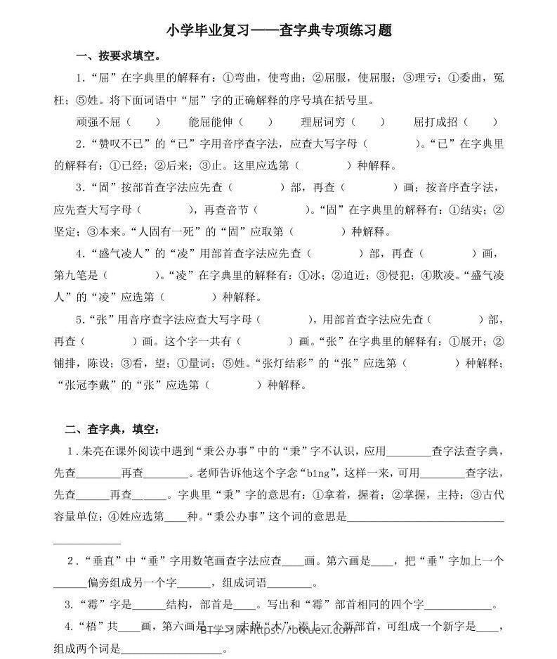 小升初语文语文查字典专项练习题-BT学习网