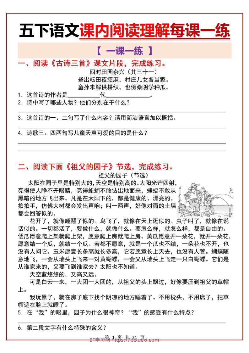 五下语文课内阅读理解一课一练21页-BT学习网