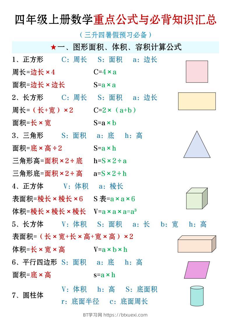 四年级上册数学必背知识汇总-BT学习网