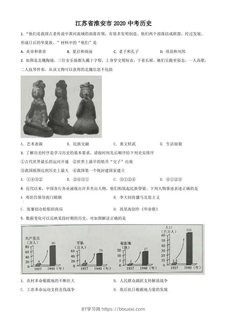 江苏省淮安市2020年中考历史试题（空白卷）-BT学习网
