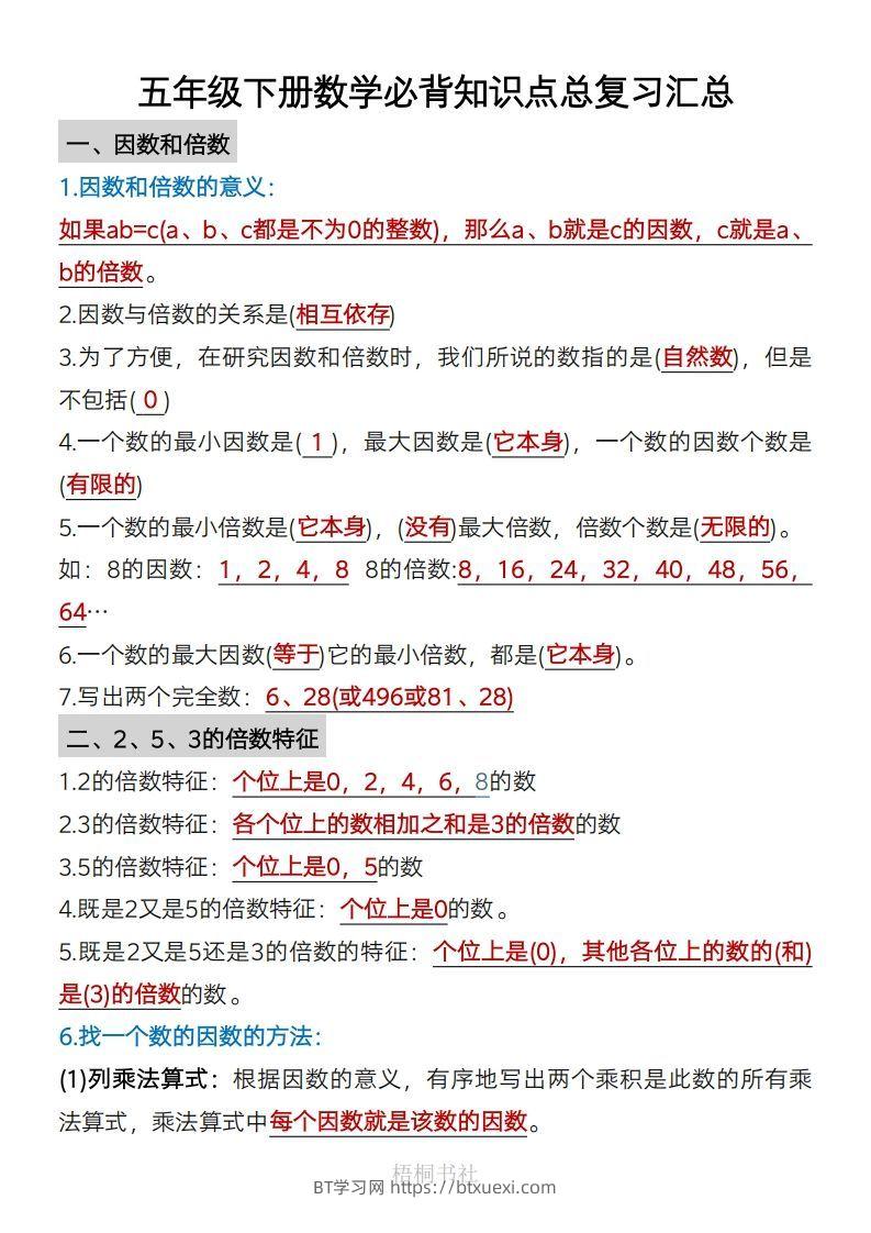 数学五年级下册必背知识点汇总-BT学习网