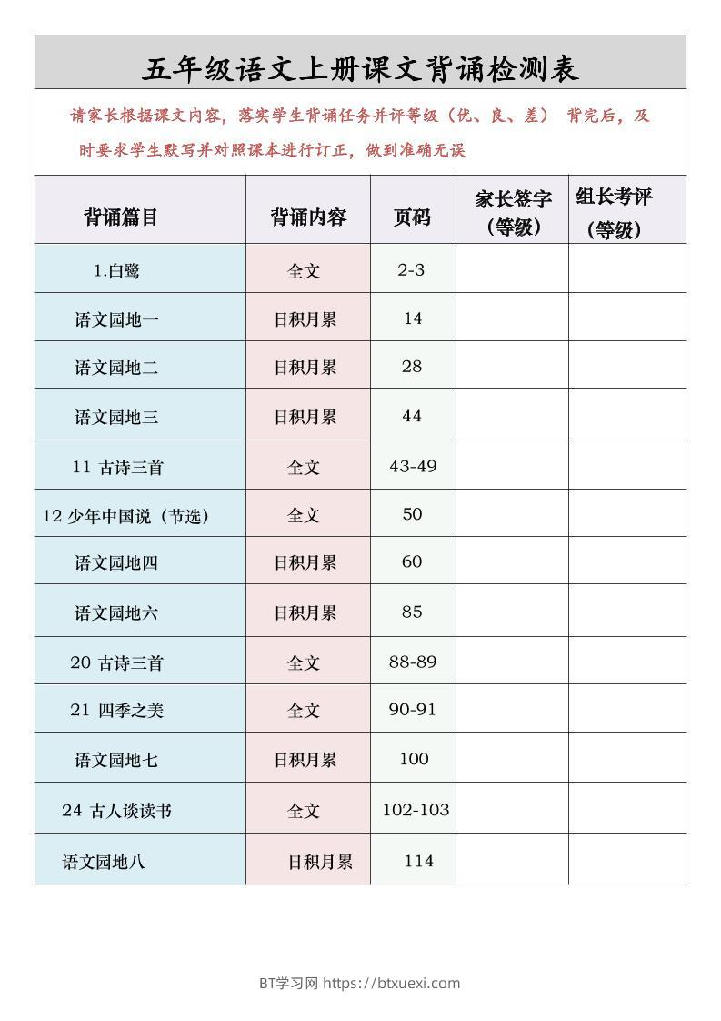 五年级语文上册课文背诵检测表-BT学习网