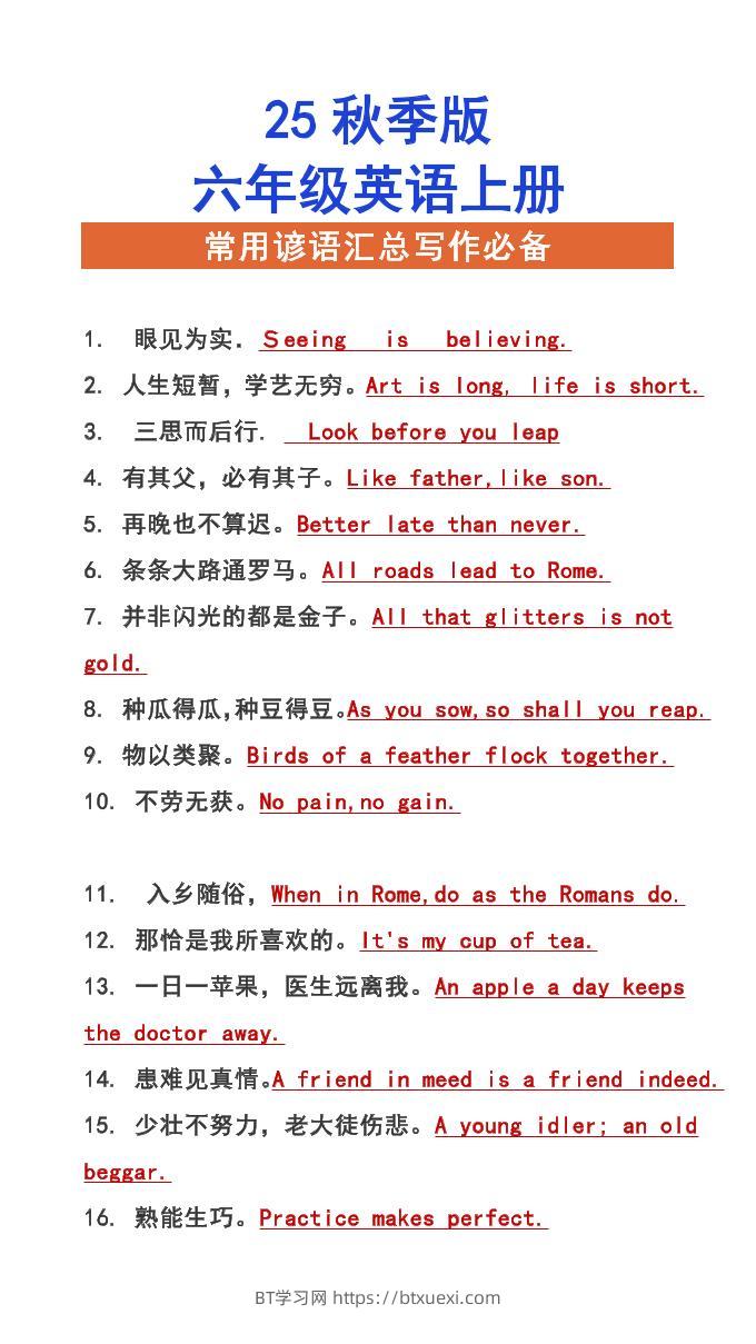 【2025秋新版】六年级上册英语常用谚语汇总写作必备-BT学习网