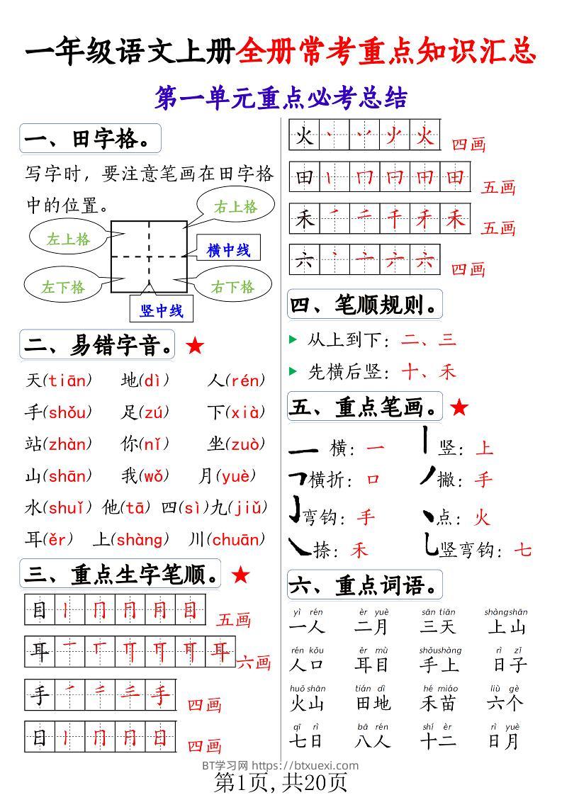 一年级语文上册全册常考重点知识汇总-BT学习网