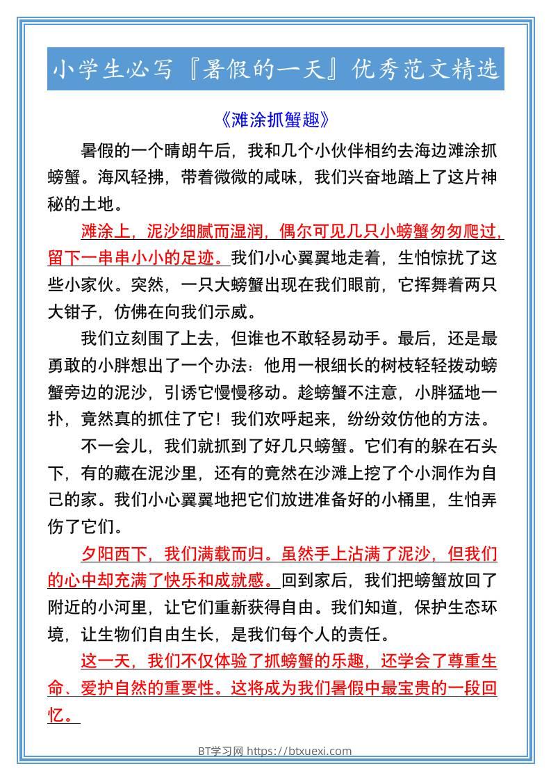 小学生必写『暑假的一天』优秀范文精选-小升初语文-BT学习网