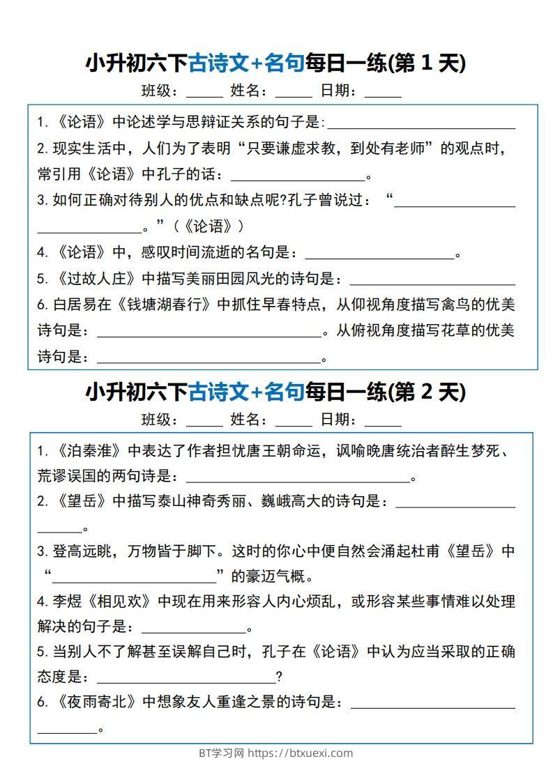 六年级语文下册（小升初）古诗文+名句每日一练20天-BT学习网
