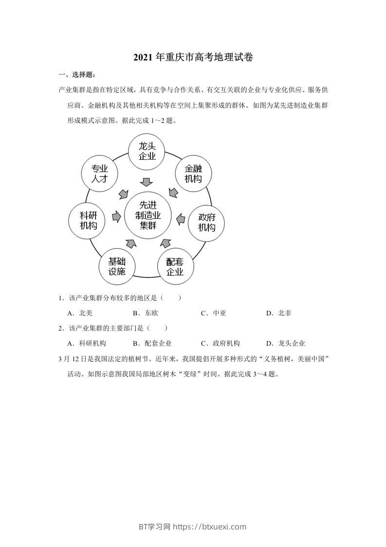 2021年高考地理试卷（重庆）（空白卷）-BT学习网
