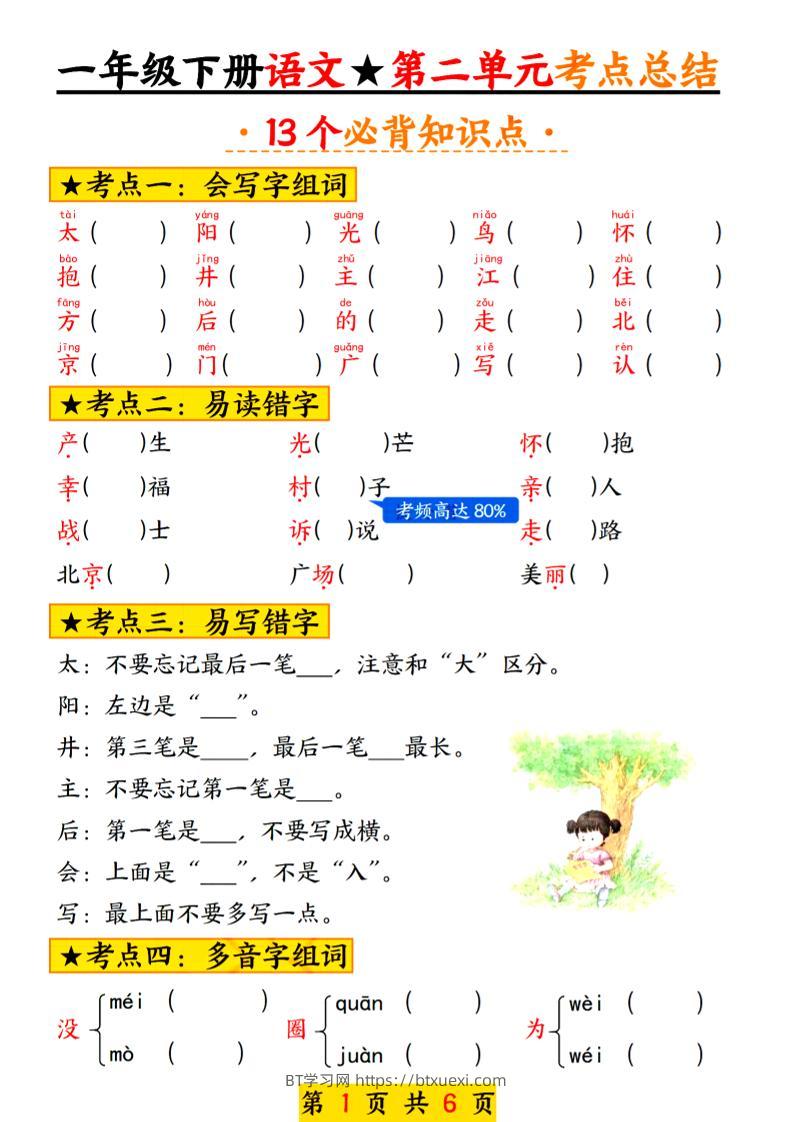 2025新版一年级语文下册第二单元考点总结13个必背-BT学习网