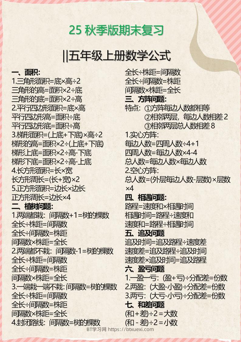 【2025秋新版】五年级上册必备数学公式-BT学习网