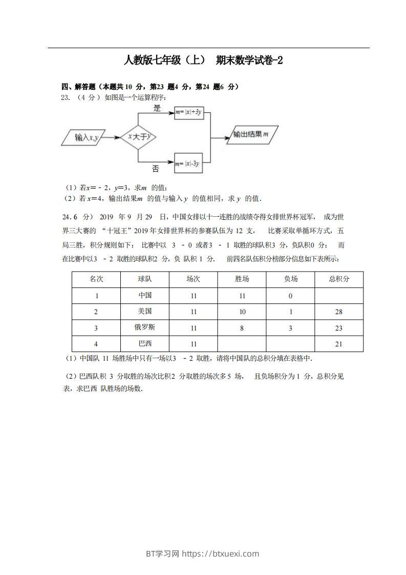 七年级（上）数学期末试卷4-2卷人教版-BT学习网