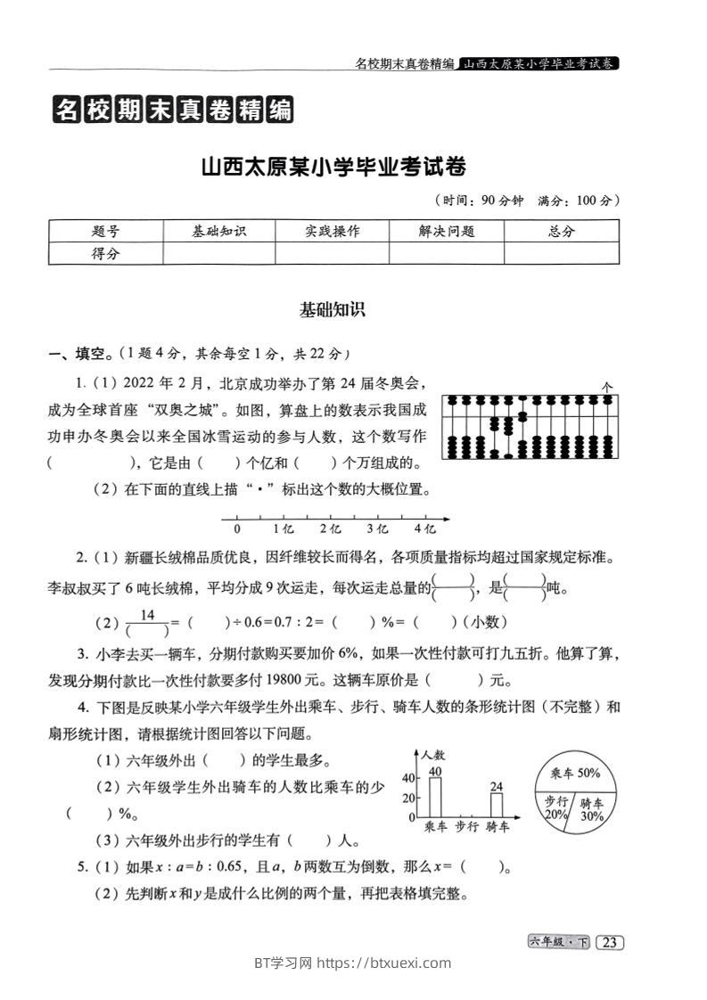 25春六年级数学下册人教版期末名校真题卷6套含答案-BT学习网
