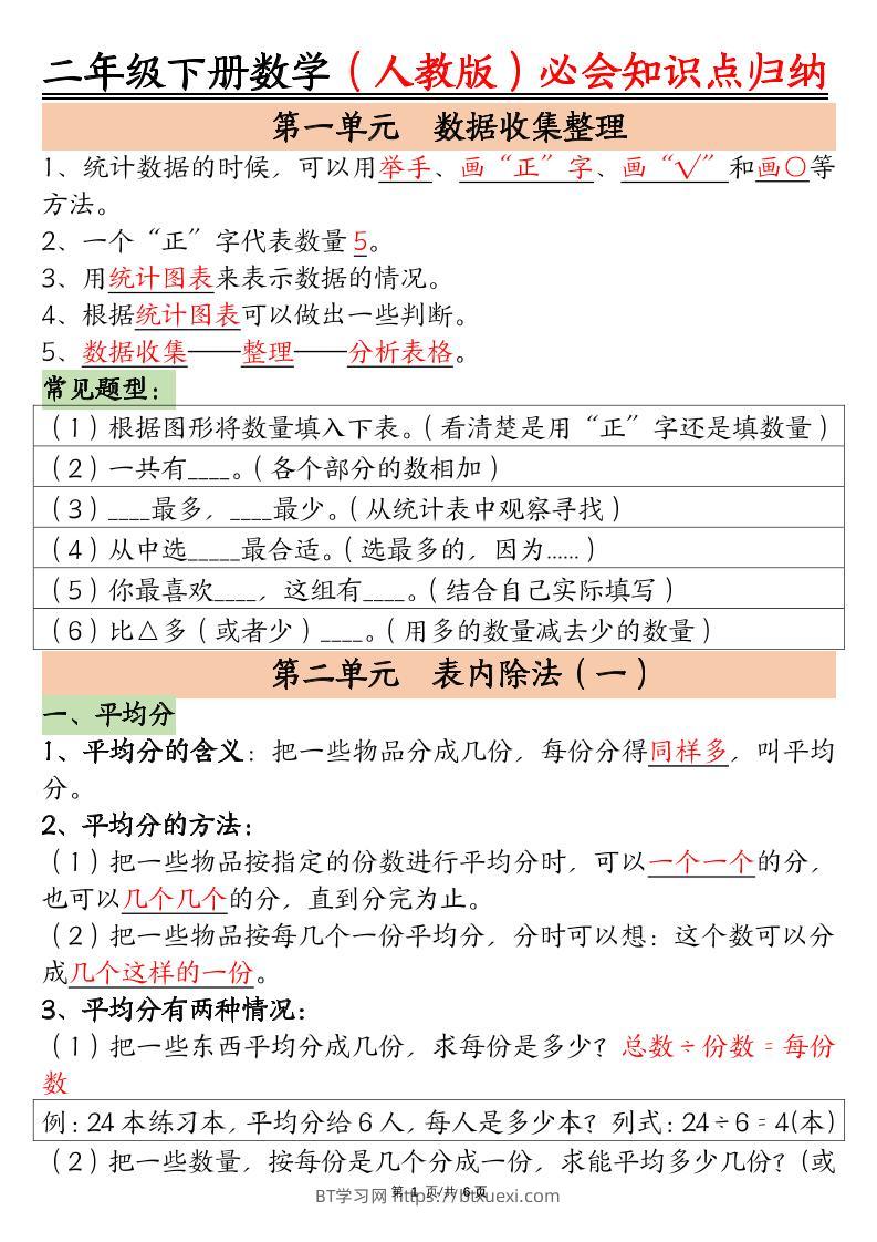 二下数学【人教版】必会【知识点】归纳总结6页-BT学习网