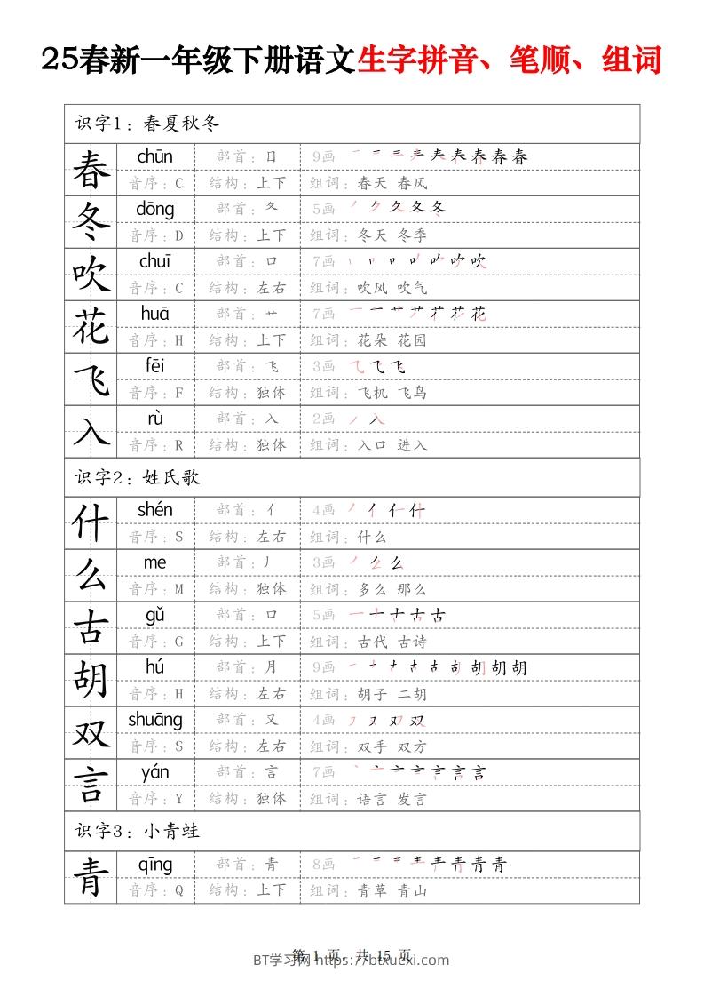 25春新一下语文生字拼音、笔顺、组词（15页）-BT学习网