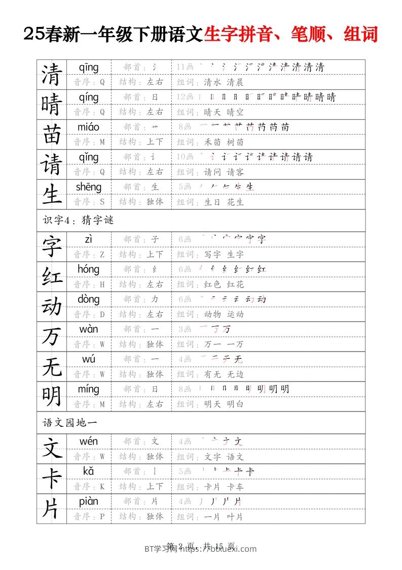 图片[2]-25春新一下语文生字拼音、笔顺、组词（15页）-BT学习网