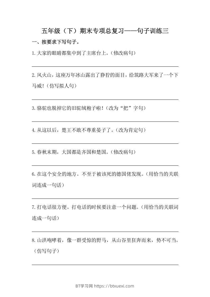 五年级语文下册期末句子训练专项训练（三）（含答案）（部编版）-BT学习网