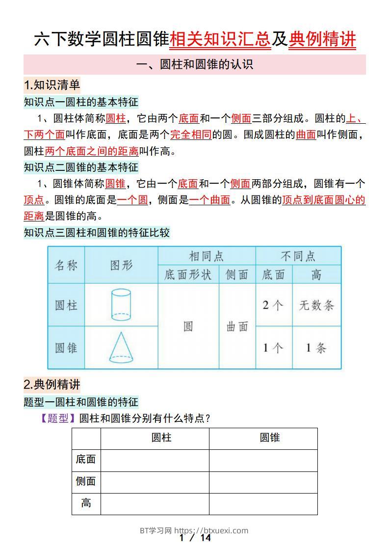 六下数学圆柱圆锥相关知识汇总及典例精讲-BT学习网
