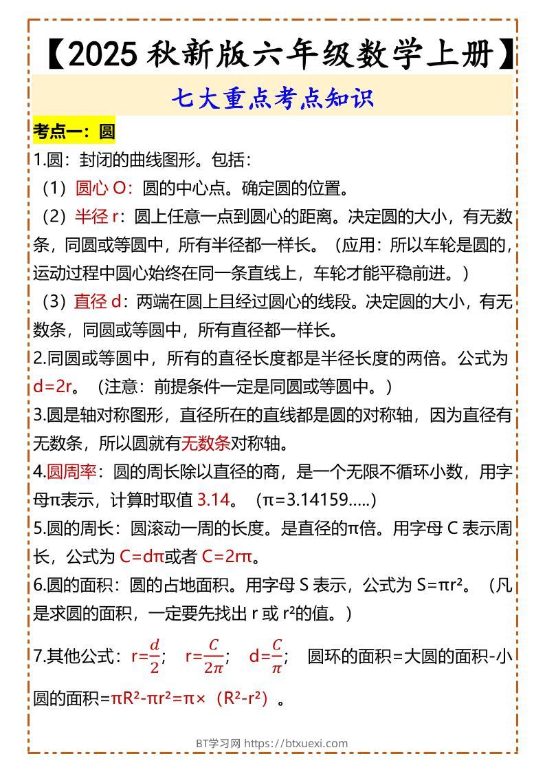 【2025秋新版】【六年级数学上册】七大重点考点知识-BT学习网