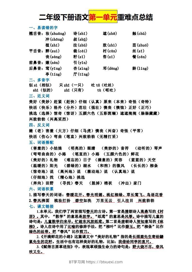 【全册单元重难点总结】二下语文-BT学习网