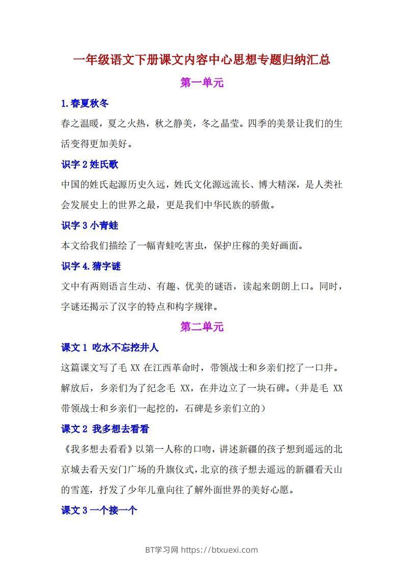 一年级语文下册课文内容中心思想专题归纳汇总-BT学习网