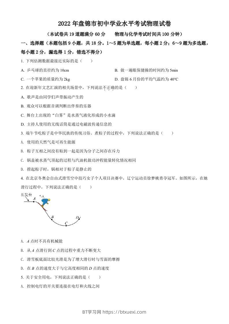 2022年辽宁省盘锦市中考物理试题（空白卷）-BT学习网
