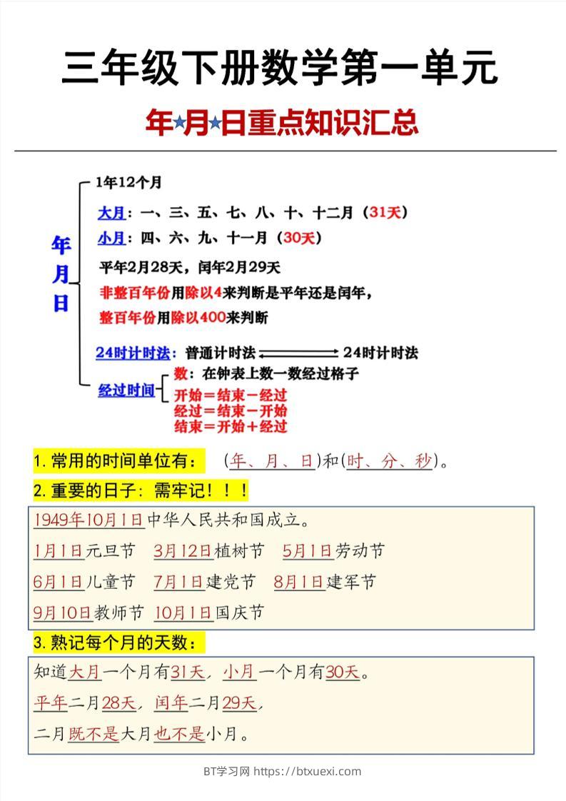 三年级下数学第6单元年月日重点知识汇总-BT学习网
