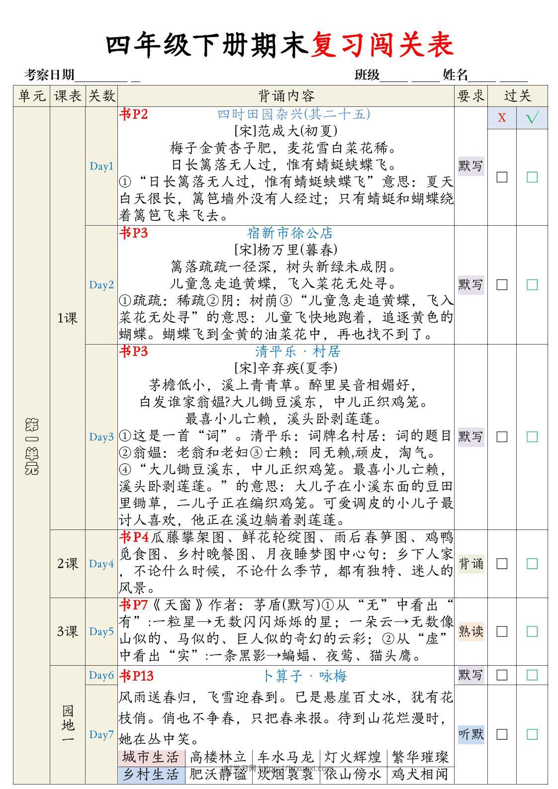 四下语文期末背诵闯关表-BT学习网