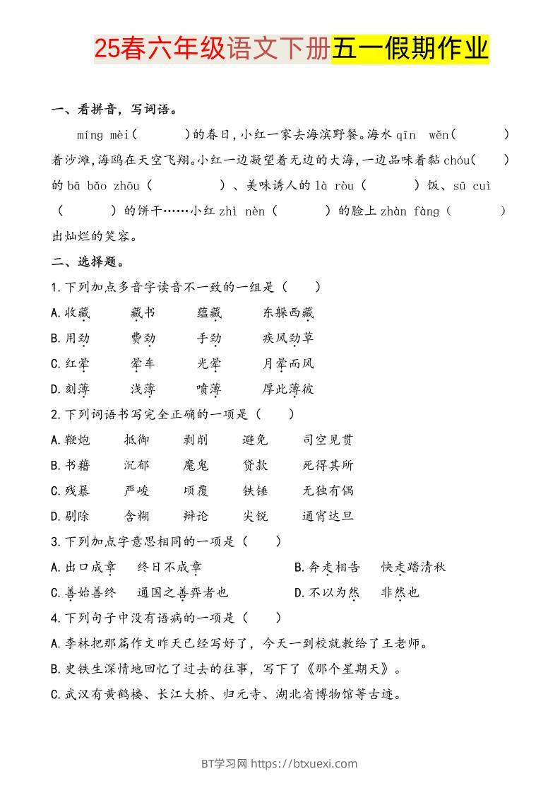 语文六下五一假期练习-BT学习网