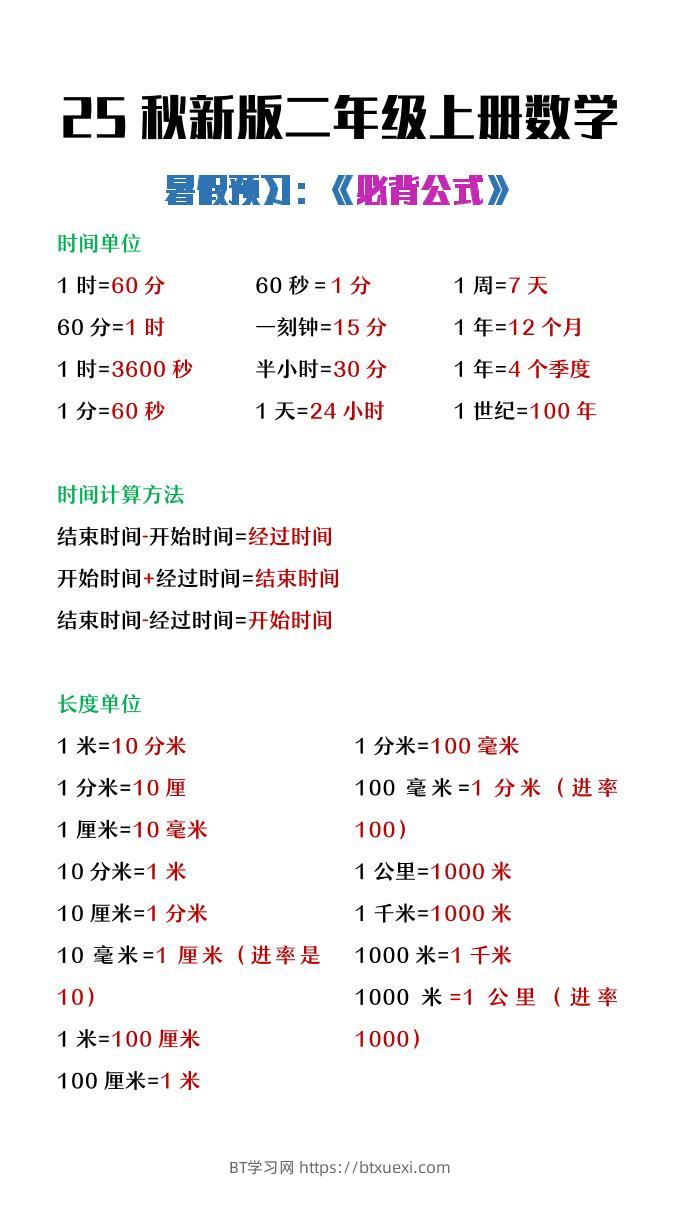 【2025秋新版】二年级上册数学暑假必背公式-BT学习网