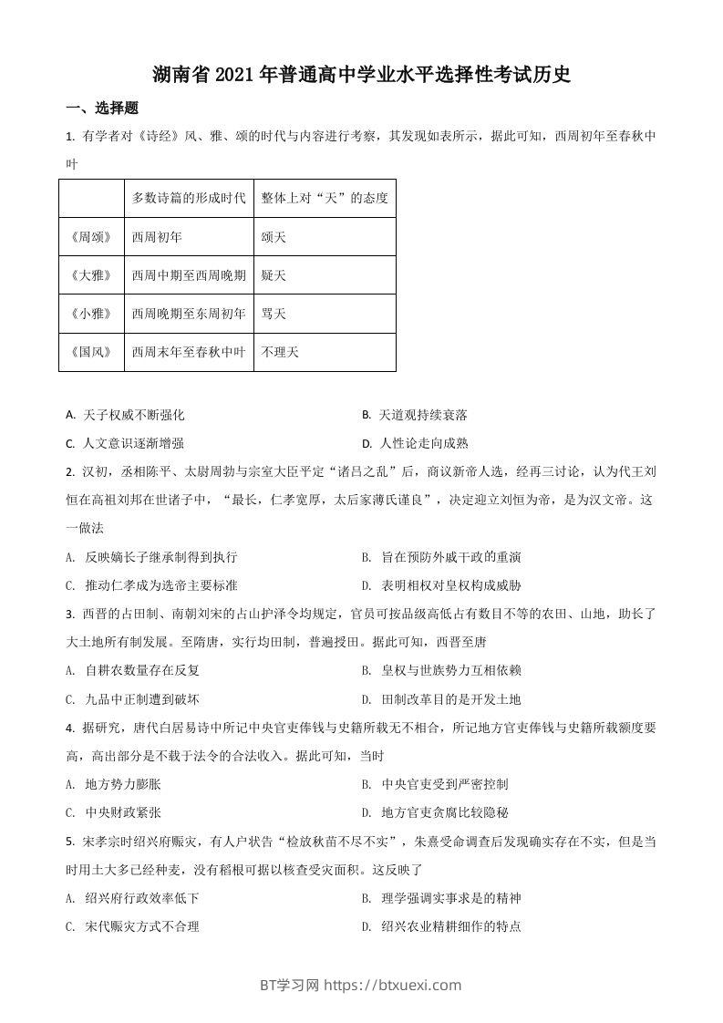 2021年高考历史试卷（湖南）（空白卷）-BT学习网