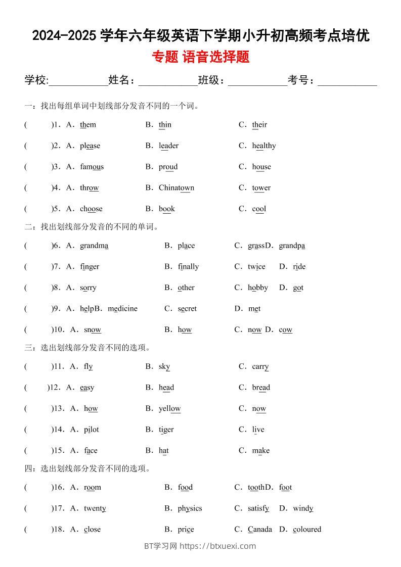 小升初英语【2024-2025学年高频·考点专题01语音选择题】-BT学习网