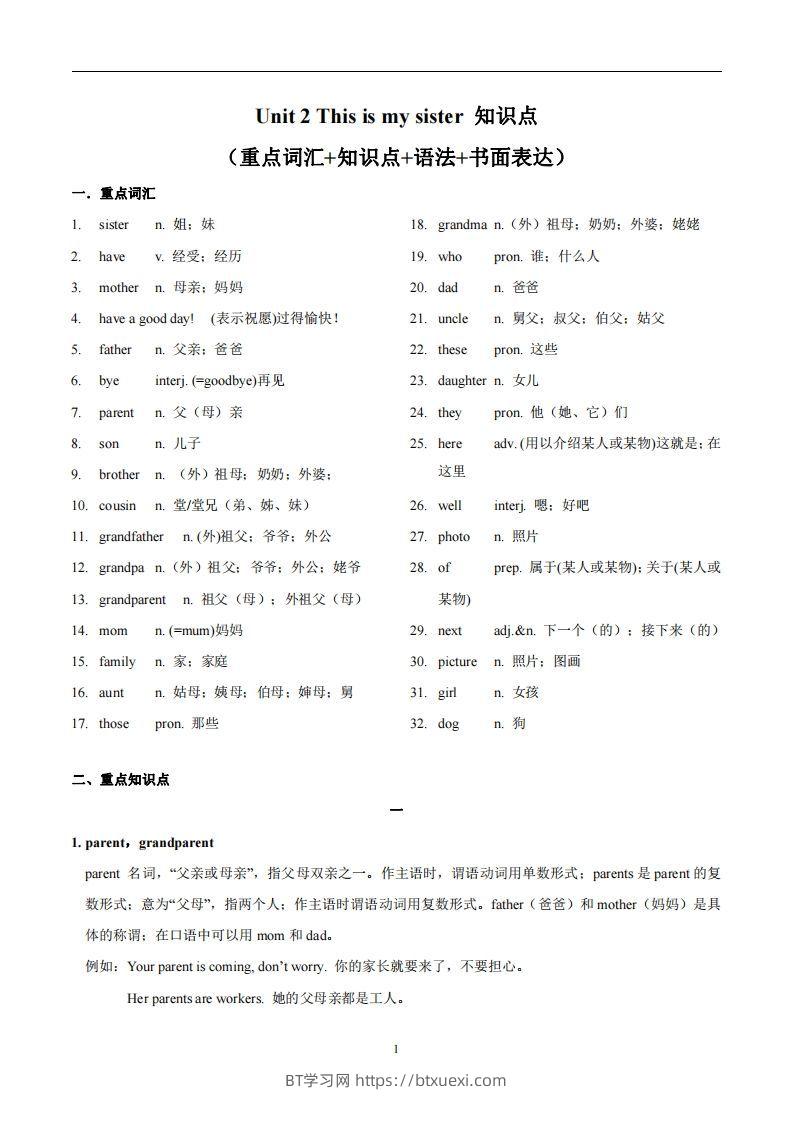 人教版英语七年级上Unit2Thisismysister.知识点_-BT学习网