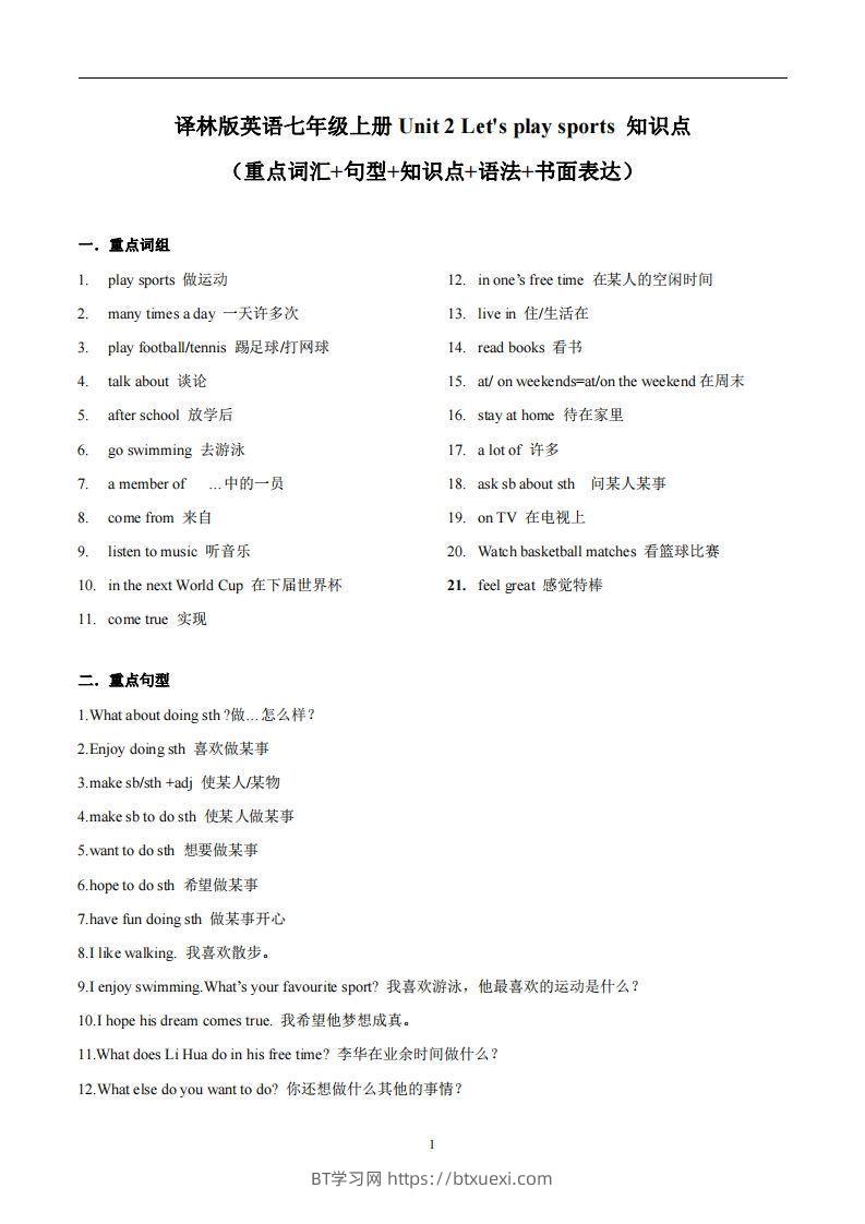 译林版英语七年级上册Unit2Let'splaysports知识点_-BT学习网