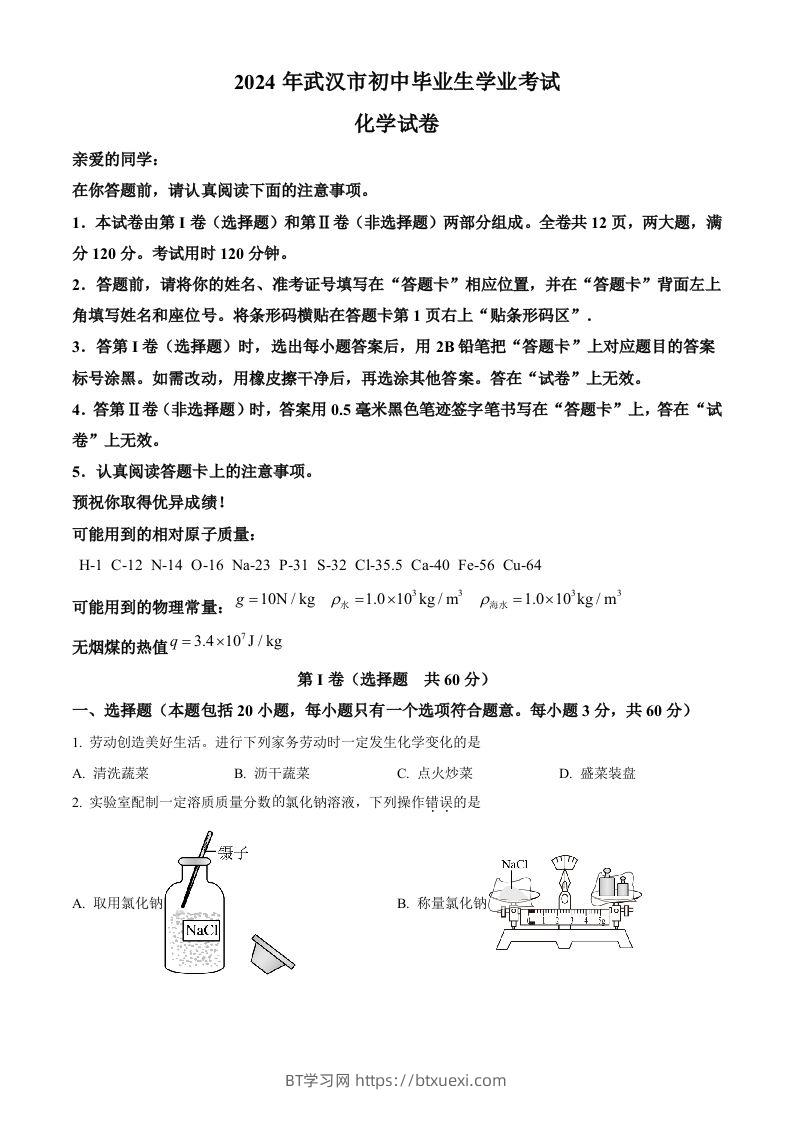 2024年湖北省武汉市中考化学真题（空白卷）-BT学习网