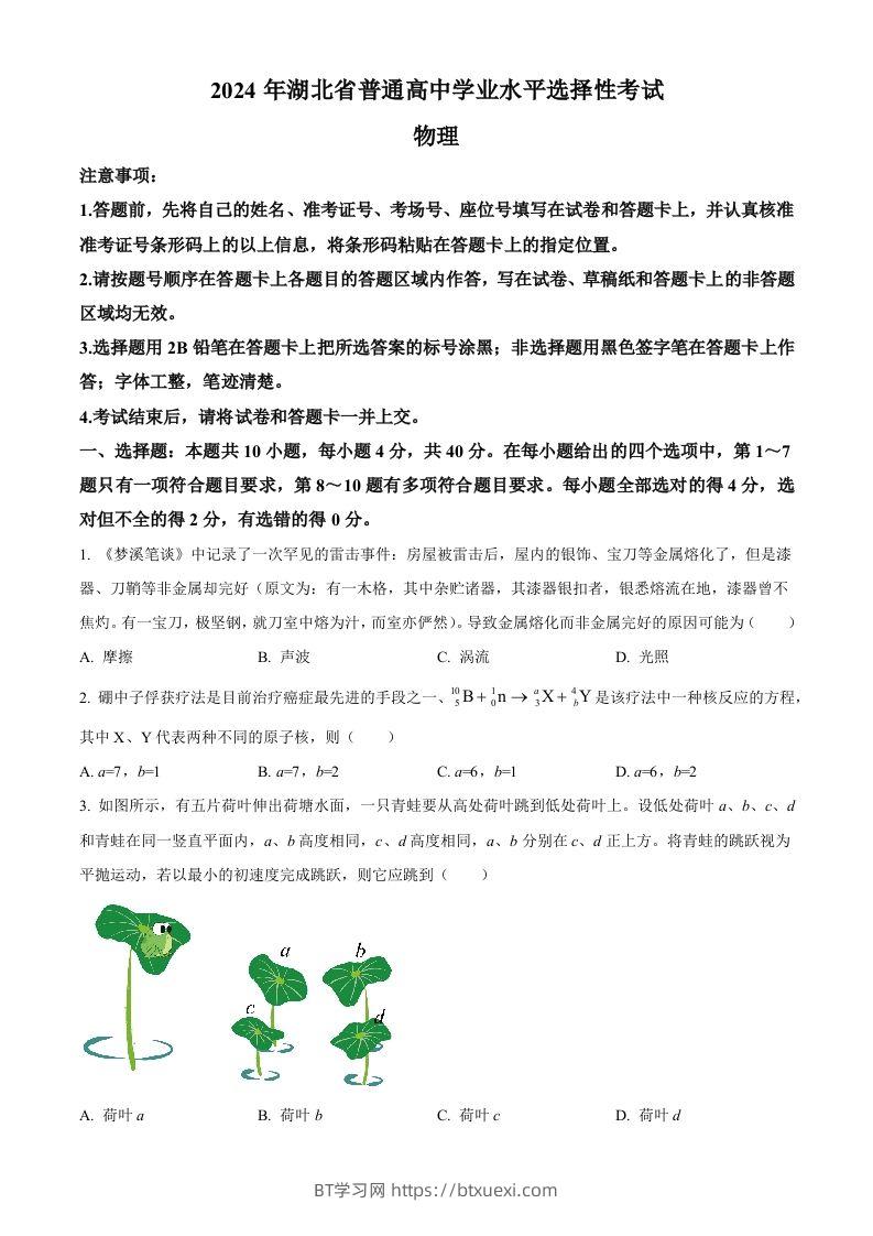 2024年高考物理试卷（湖北）（空白卷）-BT学习网