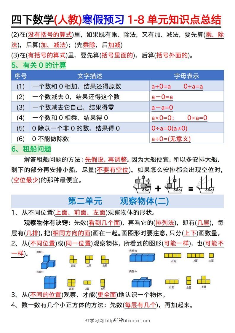 图片[2]-四下数学(人教)寒假预习1-8单元知识点总结（14页）-BT学习网