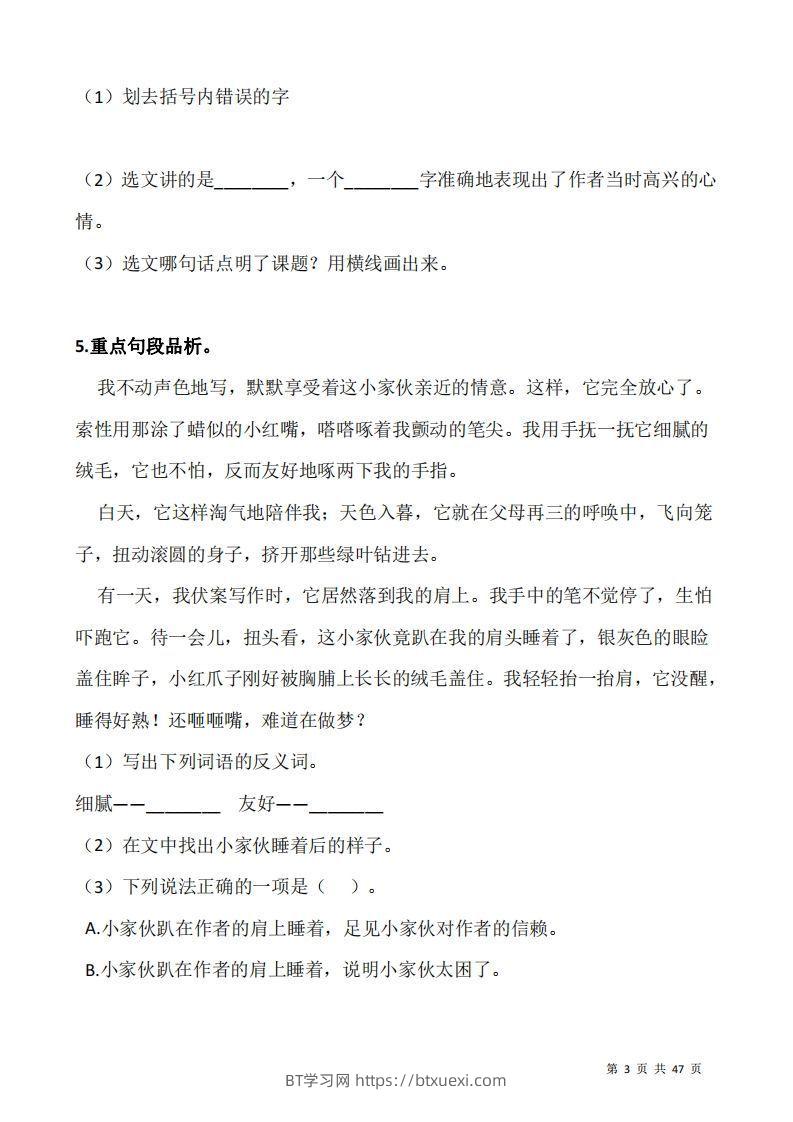 图片[3]-五上语文：阅读专项训练习题50道-BT学习网