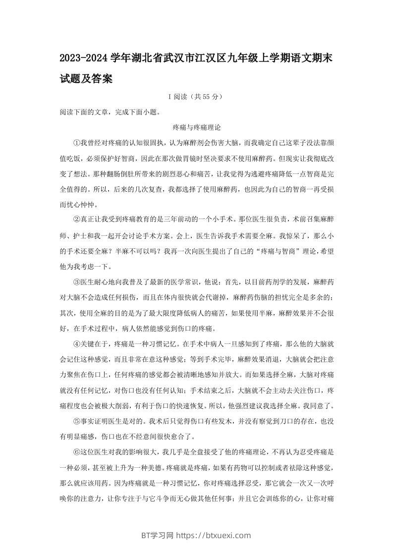 2023-2024学年湖北省武汉市江汉区九年级上学期语文期末试题及答案(Word版)-BT学习网