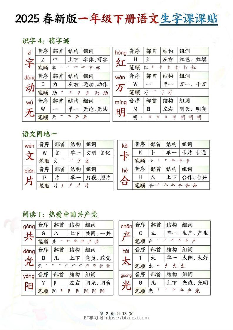 图片[2]-【生字课课贴】【25春新一下语文生字课课贴(13页校对版)-BT学习网