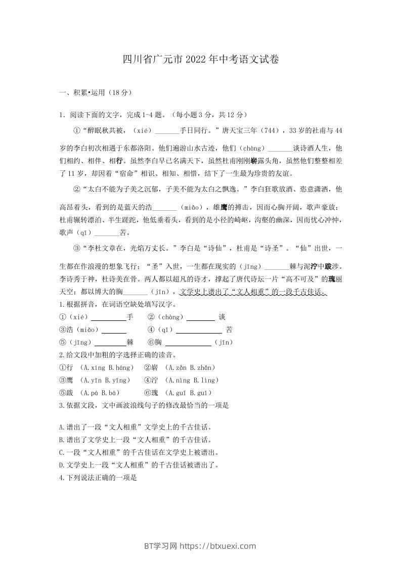 2022年四川省广元市中考语文试卷及答案-BT学习网