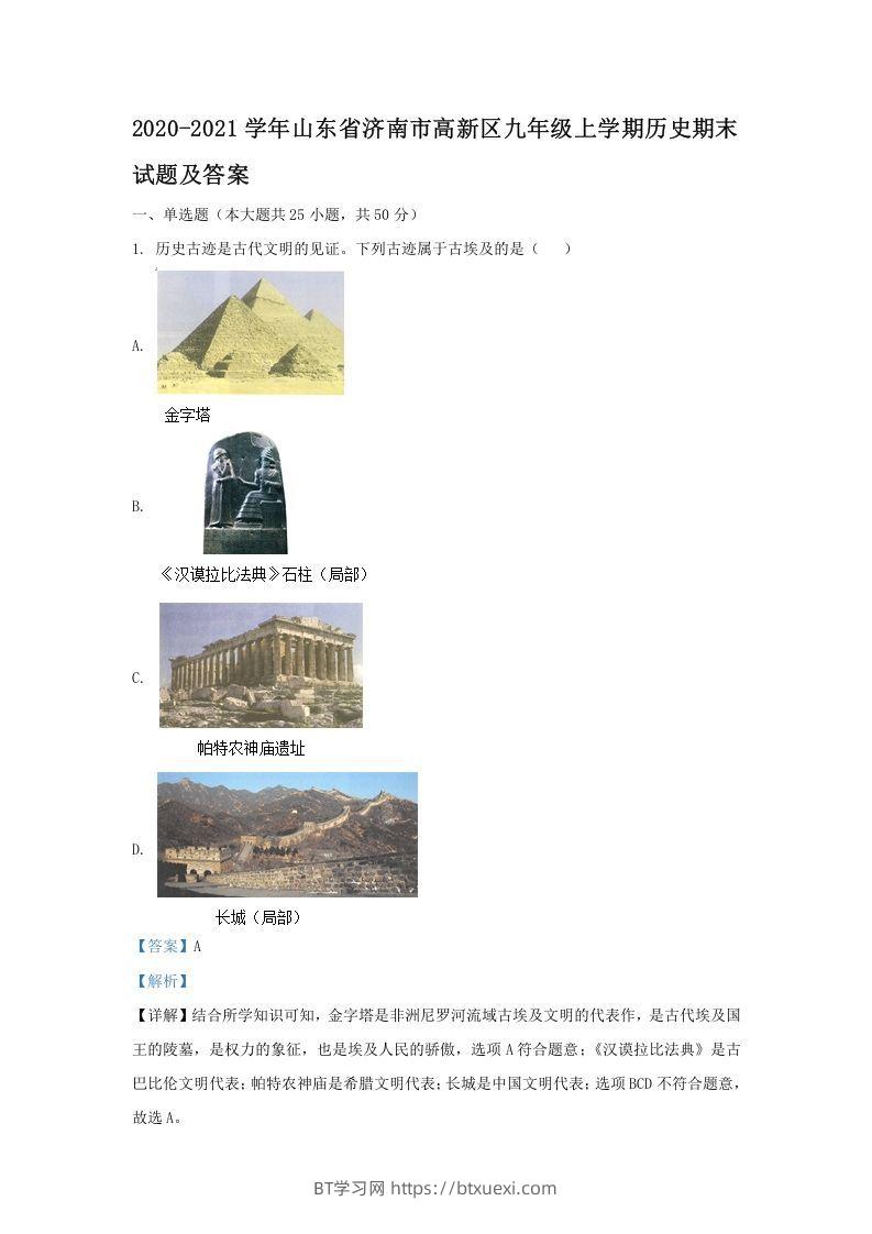 2020-2021学年山东省济南市高新区九年级上学期历史期末试题及答案(Word版)-BT学习网