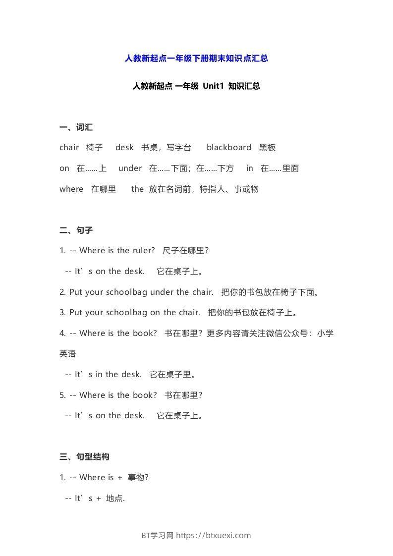 一年级英语下册期末知识点汇总8页-BT学习网