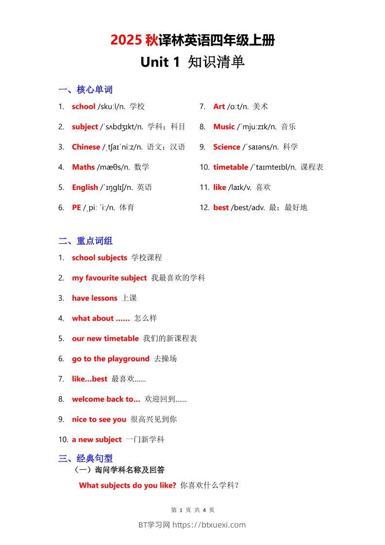 2025秋译林英语四上Unit1知识清单-BT学习网