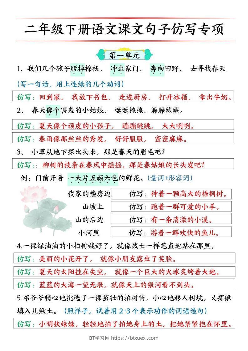 二下语文【必考仿写句子】读背版-BT学习网