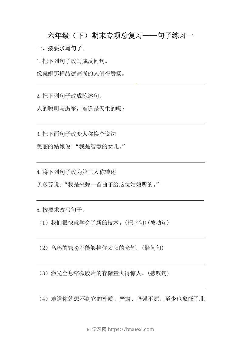 六年级语文下册期末句子专项训练（一）（含答案）（部编版）-BT学习网