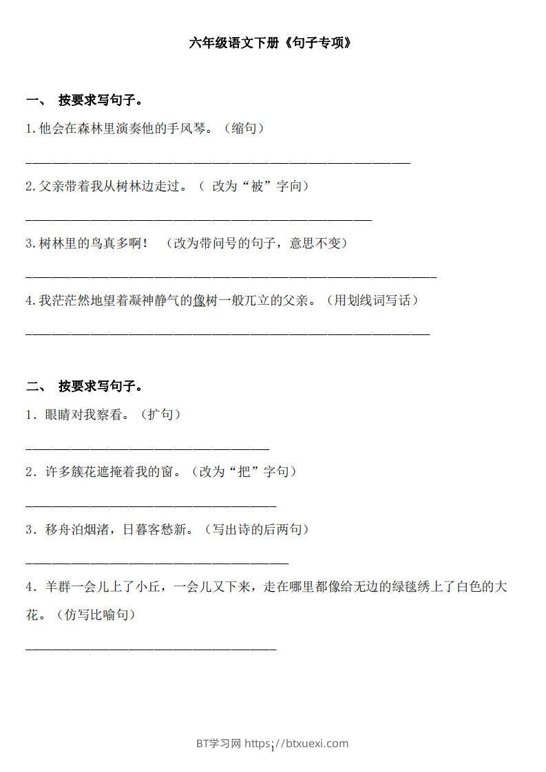六年级语文下册：《句子》专项+答案，修改病句、扩写、改写、仿写-BT学习网