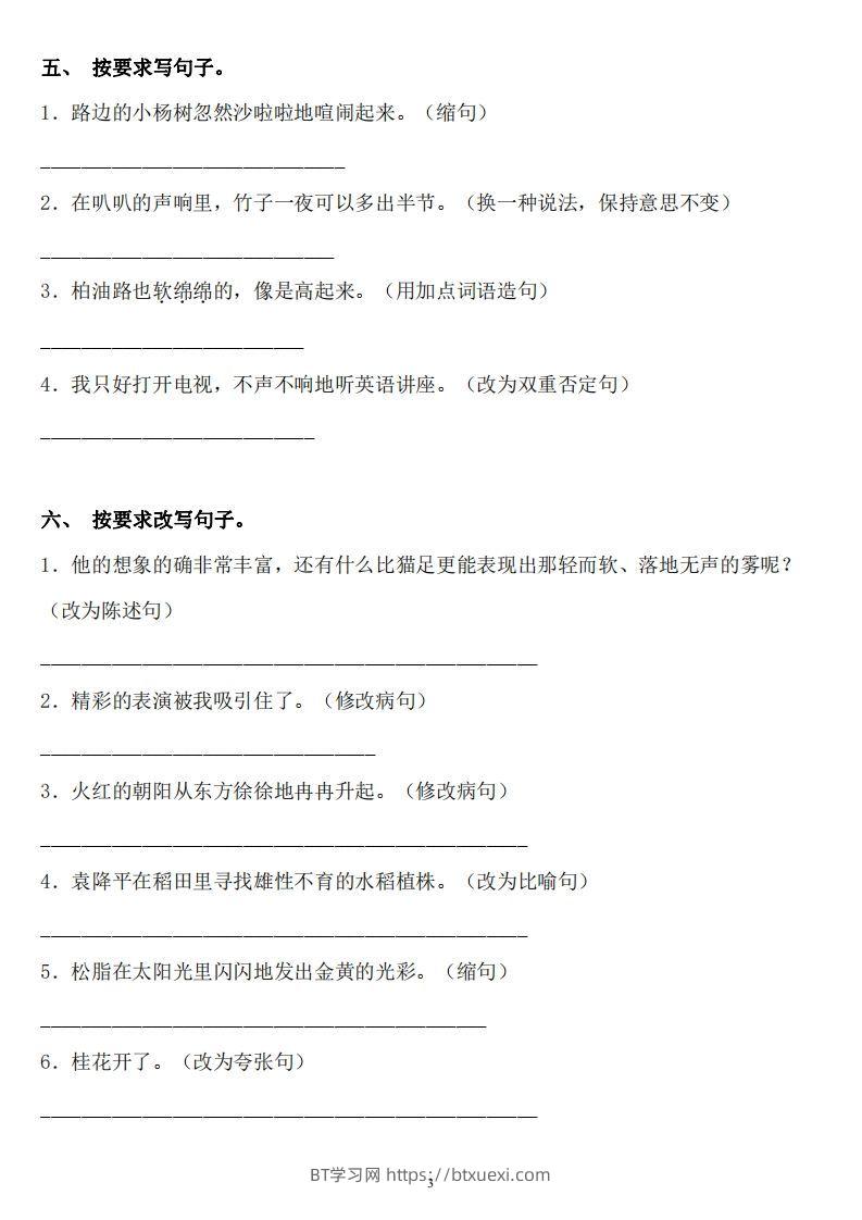 图片[3]-六年级语文下册：《句子》专项+答案，修改病句、扩写、改写、仿写-BT学习网