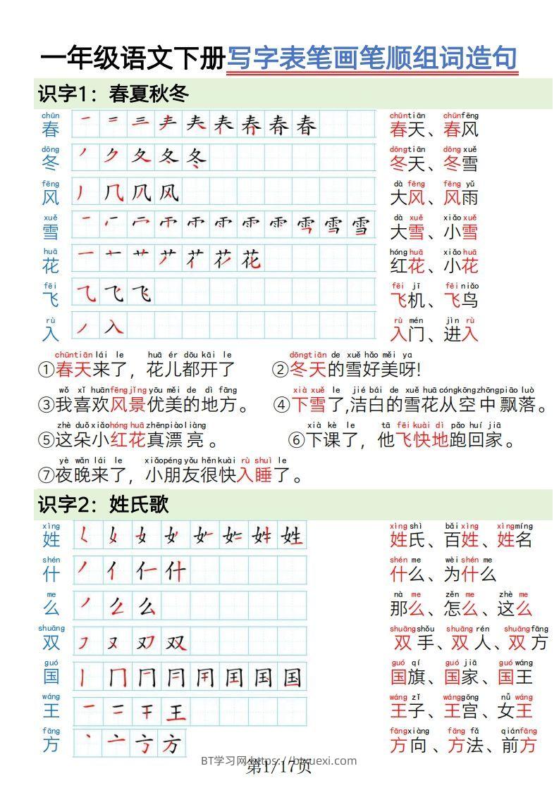 1.19一年级语文下册写字表笔画笔顺组词造句-BT学习网